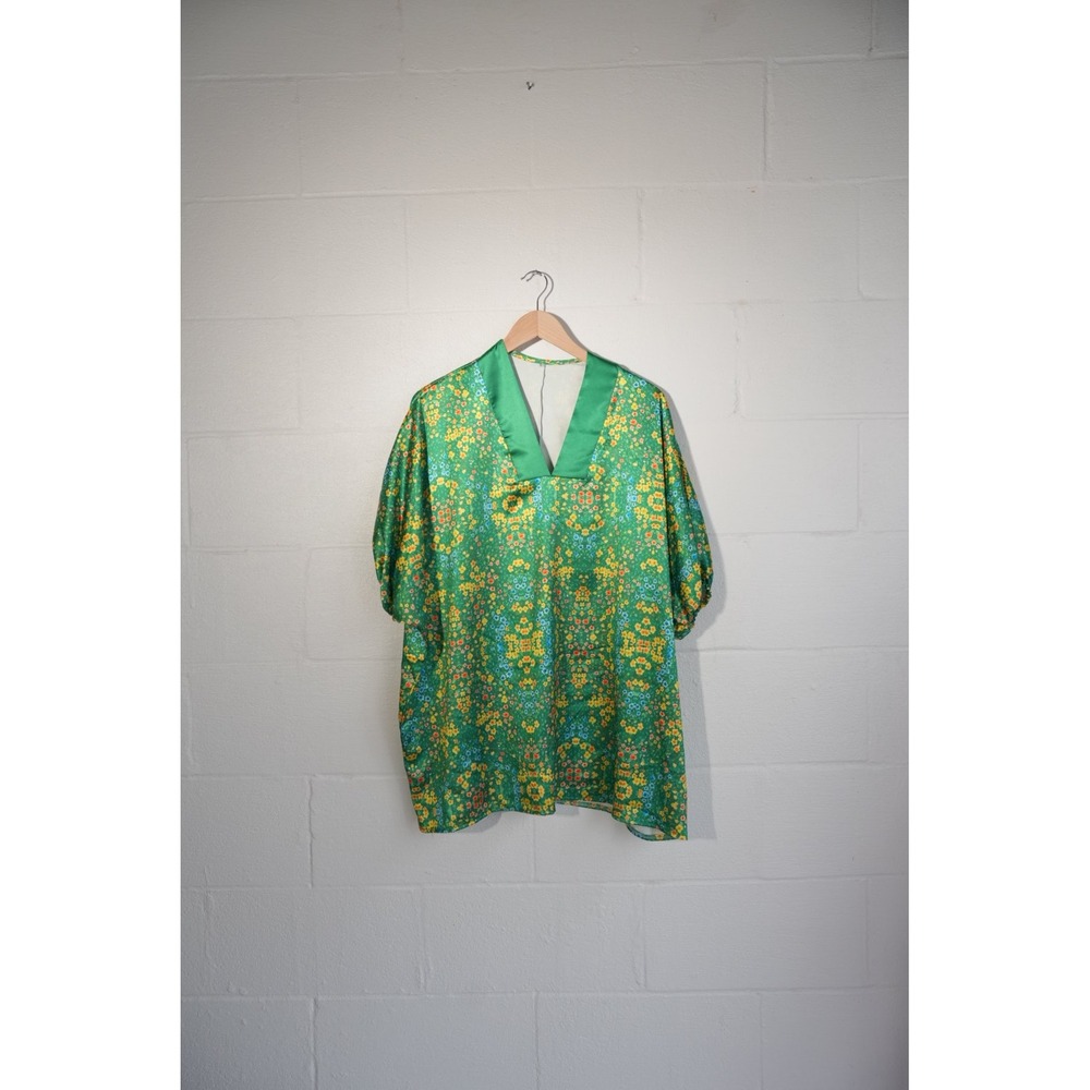 Unbranded Floral Satin V-Neck Blouse Women Large Green Puff Sleeve Boho Top